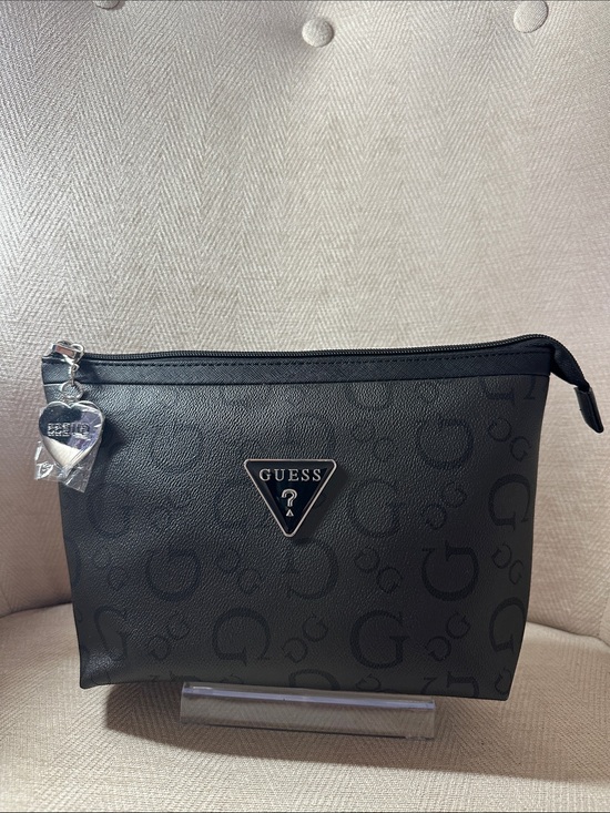 Guess Handbags - GUESS Black Logo-Print Toiletry Pouch with Heart Charm